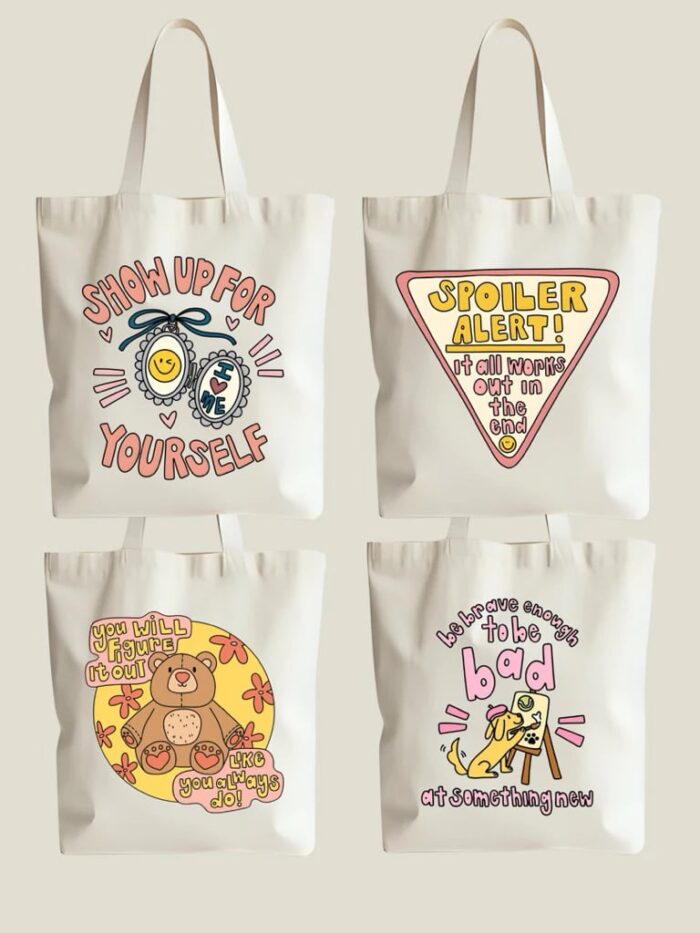 กระเป๋าผ้าแคนวาสสะพายข้าง ลายฮีลใจ โทนสีชมพูเหลือง ขนาด 30x38 cm ใบใหญ่ ใส่ของได้เยอะ💐