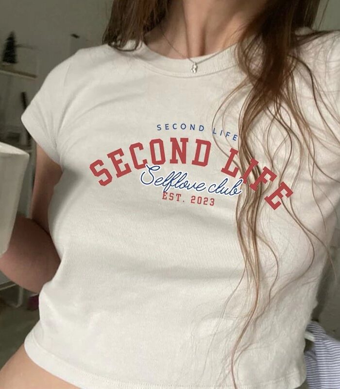 เสื้อครอปทรงเบบี้ที ลาย second life มี 5 สี อก 35 ยาว 18