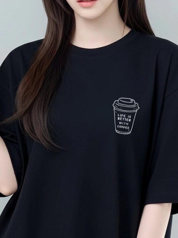 เสื้อยืดมินิมอล ลายแก้วกาแฟ ขาวดำ คอกลม มีไซส์ S-3XL โอเวอร์ไซส์ unisex