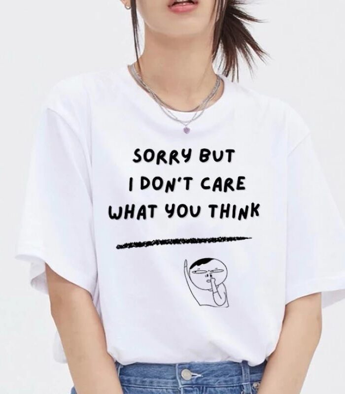 เสื้อยืดลาย Sorry but I don't care what you think ขาวดำ คอกลม มีไซส์ โอเวอร์ไซส์