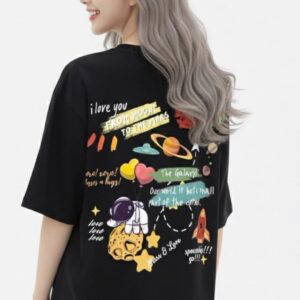 เสื้อยืดลายนักบินอวกาศ I love you from moon to the mars สกรีนหลัง ขาวดำ คอกลม มีไซส์