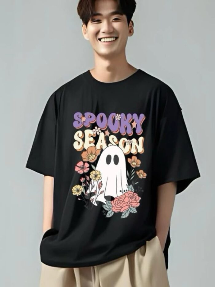 เสื้อยืดลายผีผ้าห่ม ตกแต่งด้วยดอกไม้ ขาวดำ คอกลม มีไซส์