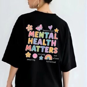 เสื้อยืดสกรีนหลัง Mental health matters ด้านหน้าสกรีนรูปหน้ายิ้มอกซ้าย ขาวดำ คอกลม unisex