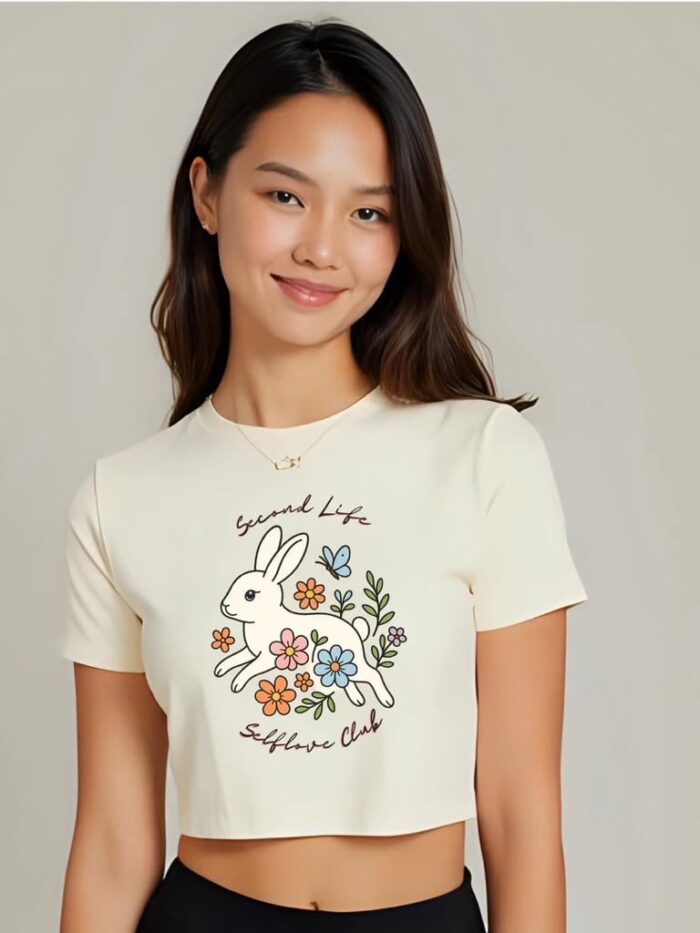 แบรนด์ Second Life เสื้อยืดครอปทรงเบบี้ที ลายกระต่ายกับดอกไม้ สีขาว ครีม น้ำตาล ดำ ม่วงชมพู ฟ้าเทา อก 35 ยาว 18